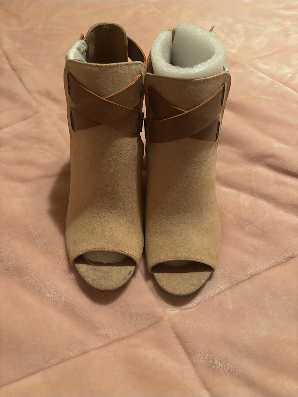 JustFab Beige Peep-Toe Block Heel Ankle Boots